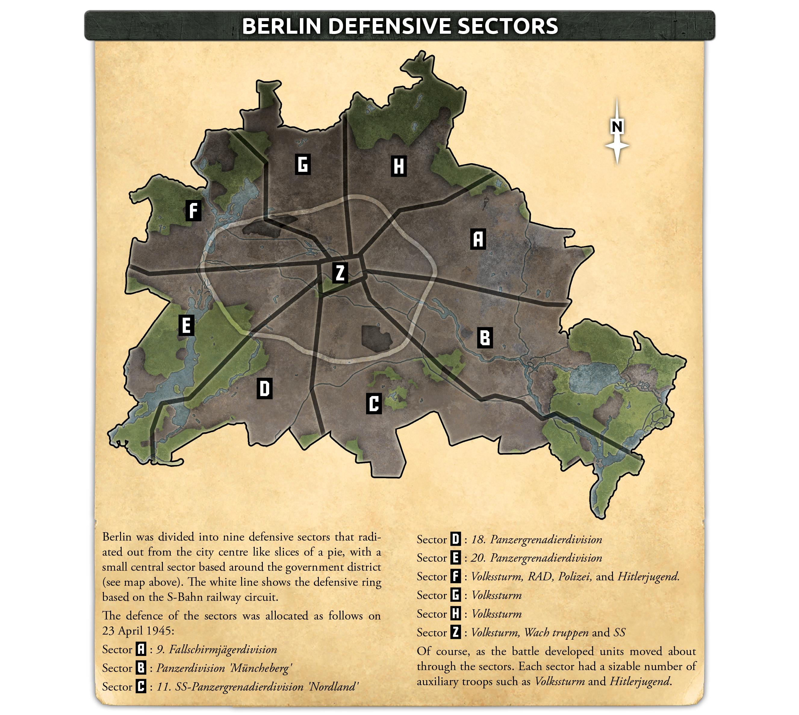 The defensive sectors around Berlin, April 1945.