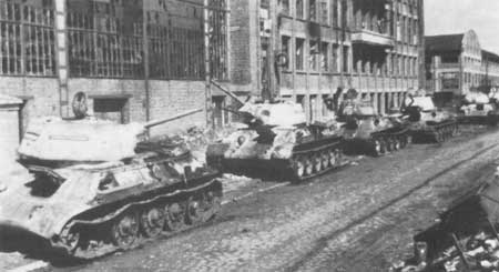 Abandon and knocked out T-34s line the streets