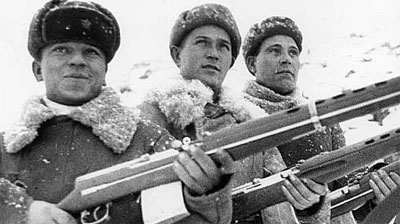 Soviet Troops armed with SVT-40 semi-automatic rifles.