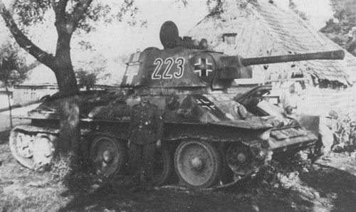 T-34 mod 1942/43 using a German Cross on the side (Front section) of the turret, on the side (Rear section) of the turret & on the front panel of the tank.