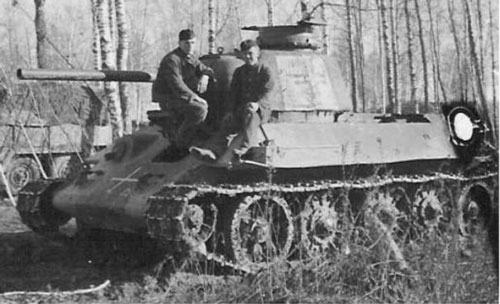 T-34 mod 1942/43 using a black German Cross painted on a white square background.