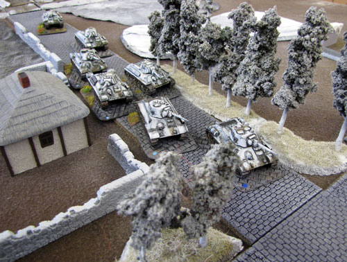 Mark Stanton’s T-34s make a rush for the crossroad in support of his Soviet Partisan Battalion