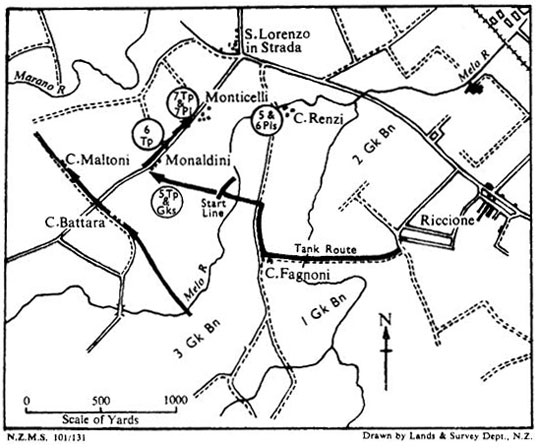 The map of the fighting for Monaldini and Monticelli on 14 September from the New Zealand Official history.