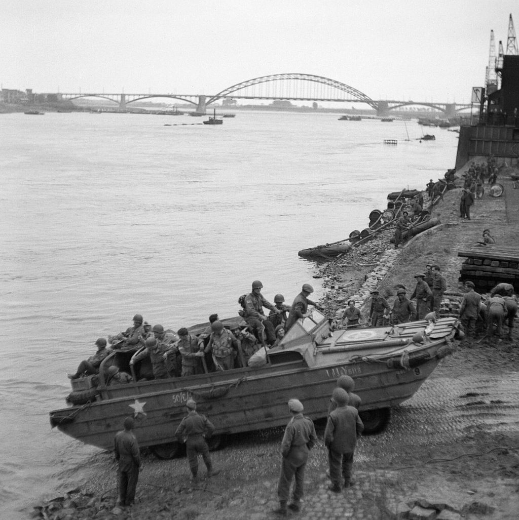 A DUKW Transport brings troops onto the shore at Nijmegan, Denmark