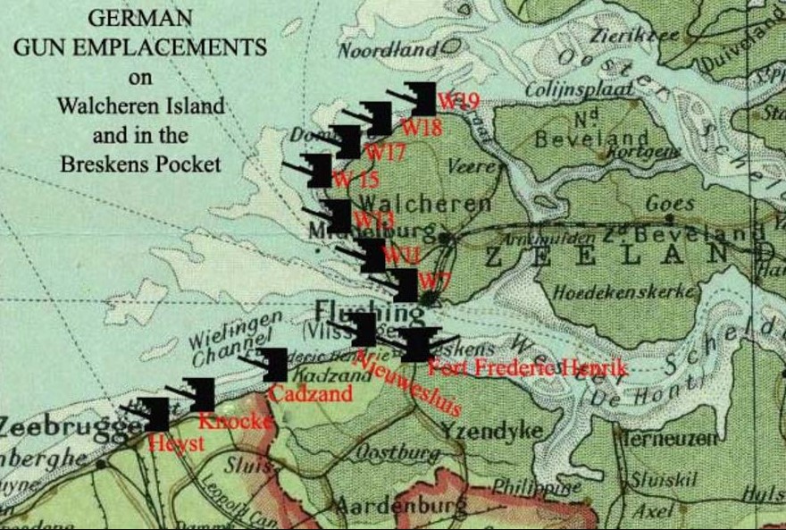 German Atlantic Wall gun emplacements from Zeebrugge to Walcheren Island