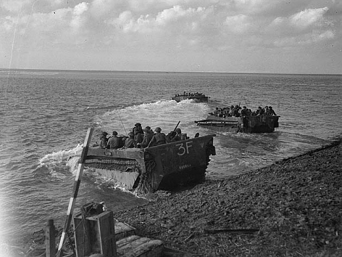LVT-4 Buffalos carrying Canadian soldiers across the Scheldt River, Oct 1944
