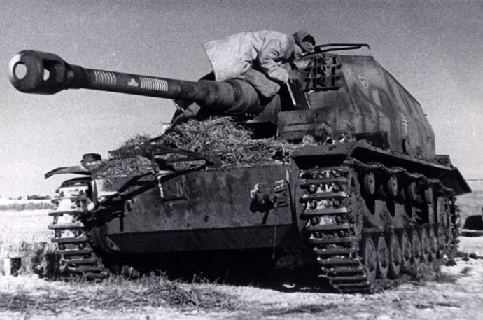 A Soviet soldier looking over the abandoned Dicker Max in February 1943 near Stalingrad