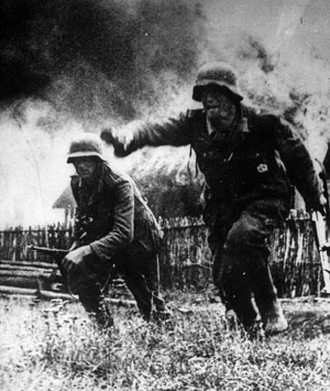 Grenadiers clear out of a burning Russian village