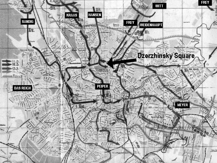 The routes of attack on Kharkov by SS Leibstandarte