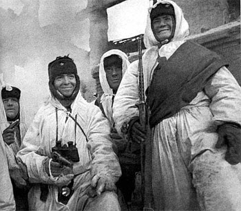 Soviets in white snow suits.
