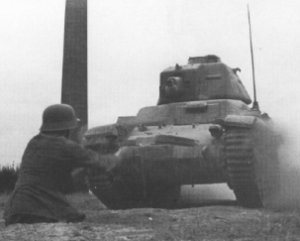 A Renault R-35 in German service with the two-piece hatch fitted to the command cupola