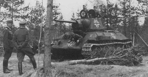 T-34 mod 1942/43 using a German Cross on the hatch (Front section) of the turret, on the side (Front section) of the turret, on the side (Mid Section) & on the front panel of the tank.
