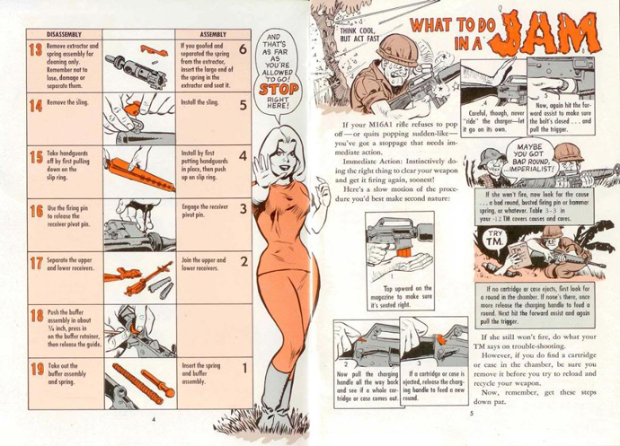 Field manuals in cartoon were issue to soldiers on how to maintain the M16 and what to do in case of a stoppage